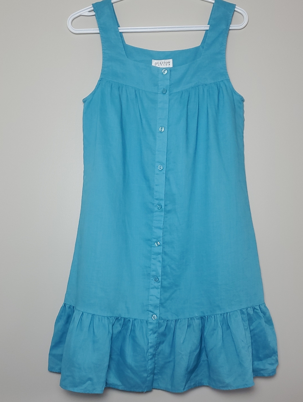 Allison Taylor Turquoise Button-Front Linen Mini Sundress with Ruffle Hem Sz S